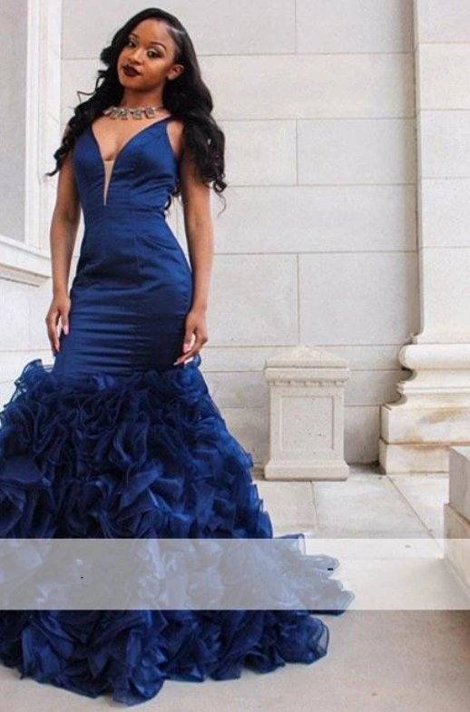 Blue Robe De Soiree Mermaid V-neck Organza Ruffles Backless Sexy Plus Size Long Prom Dresses Prom Gown Evening Dresses - RongMoon
