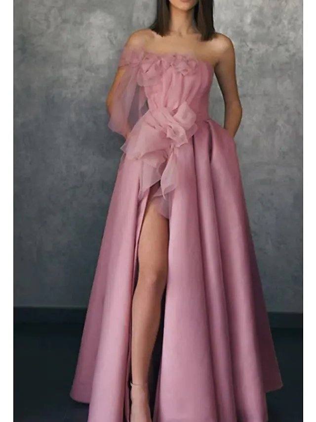 A-Line Floral Prom Formal Evening Dress One Shoulder Sleeveless Floor Length Stretch Satin with Appliques Split Front - RongMoon
