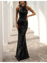 Sheath / Column Luxurious Sexy Party Wear Formal Evening Dress Halter Neck Sleeveless Floor Length Sequined Cotton with Sequin Tassel - RongMoon