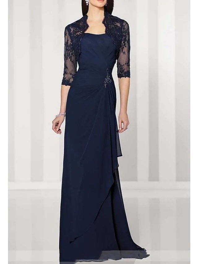 Sheath / Column Mother of the Bride Dress Elegant Queen Anne Sweep / Brush Train Chiffon Lace Half Sleeve with Beading Ruffles Draping - RongMoon