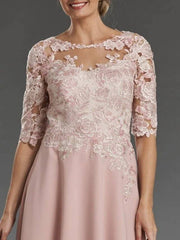 A-Line Mother of the Bride Dress Elegant Jewel Neck Knee Length Chiffon Lace Half Sleeve with Appliques - RongMoon