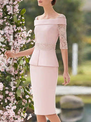 Sheath / Column Mother of the Bride Dress Elegant Jewel Neck Knee Length Stretch Fabric Half Sleeve with Appliques - RongMoon