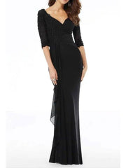 Sheath / Column Mother of the Bride Dress Elegant V Neck Floor Length Chiffon Half Sleeve with Embroidery Appliques - RongMoon
