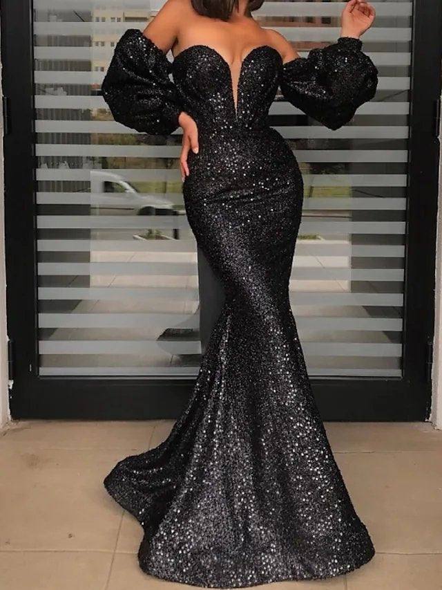 Mermaid / Trumpet Glittering Sexy Engagement Formal Evening Dress Off Shoulder Long Sleeve Floor Length Sequined with Sequin - RongMoon