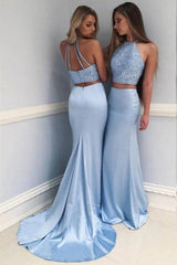 Sky Blue Robe De Soiree Mermaid Halter Beaded Two Pieces Sexy Plus Size Long Prom Dresses Prom Gown Evening Dresses - RongMoon
