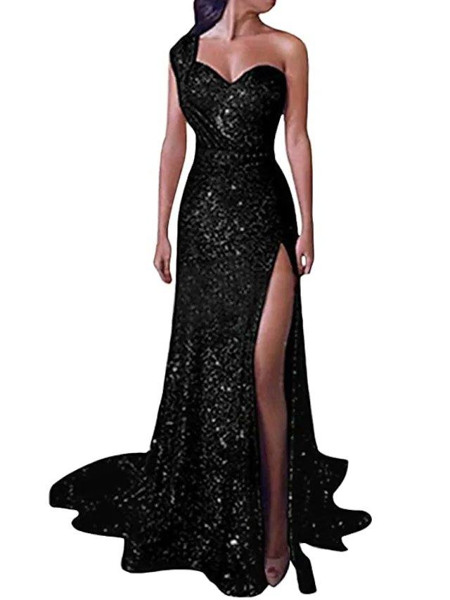 Mermaid / Trumpet Sparkle Sexy Engagement Formal Evening Dress One Shoulder Sleeveless Court Train Sequined with Sequin Spli - RongMoon