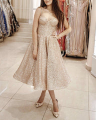 Glitter Prom Dresses Sweetheart Tea Length For Homecoming Party