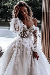 Off The Shoulder See Through Long Sleeve Ball Gown Wedding Dress
