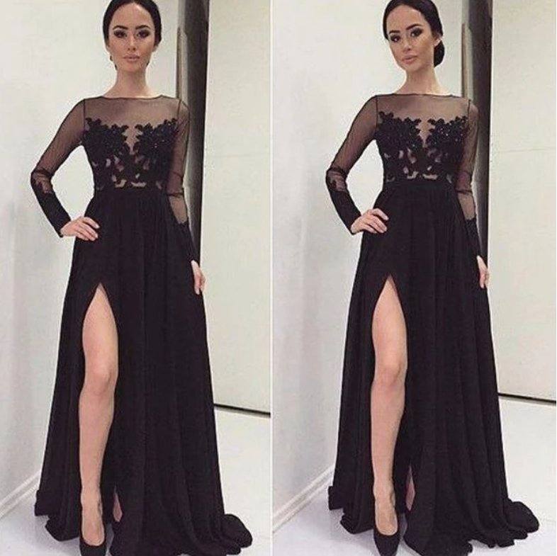 Black Robe De Soiree A-line Long Sleeves Chiffon Appliques Slit Sexy Long Prom Dresses Prom Gown Evening Dresses - RongMoon