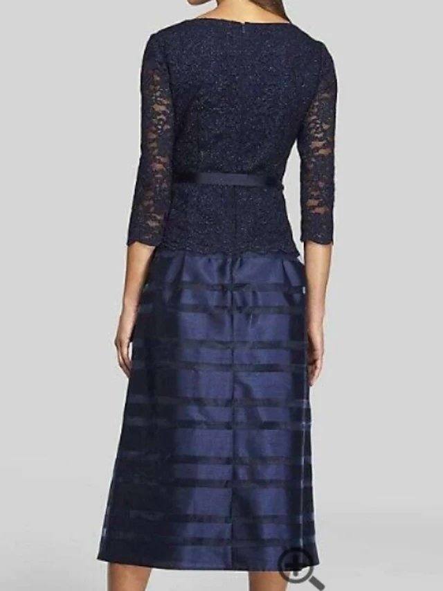 A-Line Mother of the Bride Dress Elegant Jewel Neck Tea Length Nylon Lace 3/4 Length Sleeve with Sash / Ribbon - RongMoon