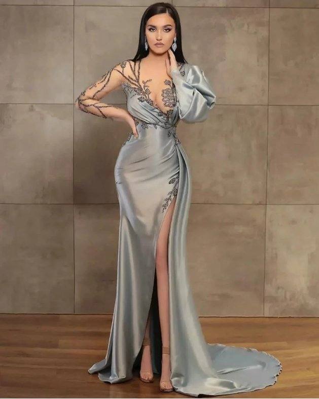 Gray Evening Dresses Mermaid Scoop Long Sleeves Beaded Slit Long Turkey Dubai Saudi Arabic Evening Gown Prom Dresses - RongMoon