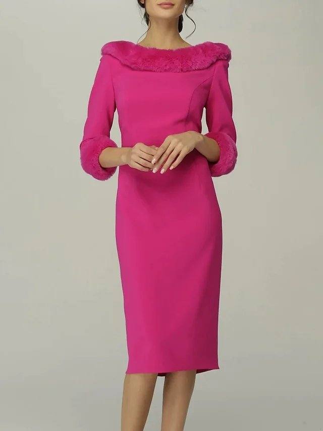 Sheath / Column Mother of the Bride Dress Elegant Jewel Neck Knee Length Stretch Fabric 3/4 Length Sleeve with Draping - RongMoon