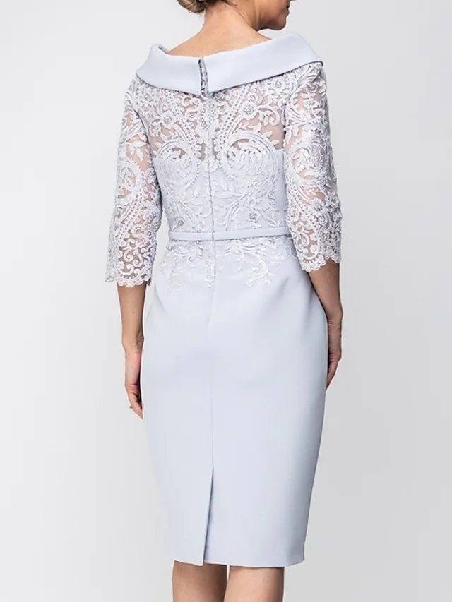 Sheath / Column Mother of the Bride Dress Elegant Jewel Neck Knee Length Satin 3/4 Length Sleeve with Sash / Ribbon Appliques Split Front - RongMoon