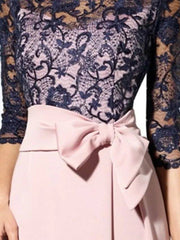 Sheath / Column Mother of the Bride Dress Elegant Jewel Neck Floor Length Lace Satin 3/4 Length Sleeve with Bow(s) - RongMoon