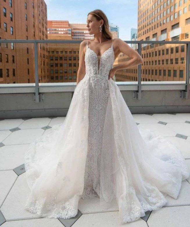 Detachable Wedding Dresses Mermaid Spaghetti Straps Tulle Lace Backless Dubai Arabic Wedding Gown Bridal Dress Vestido De Noiva - RongMoon