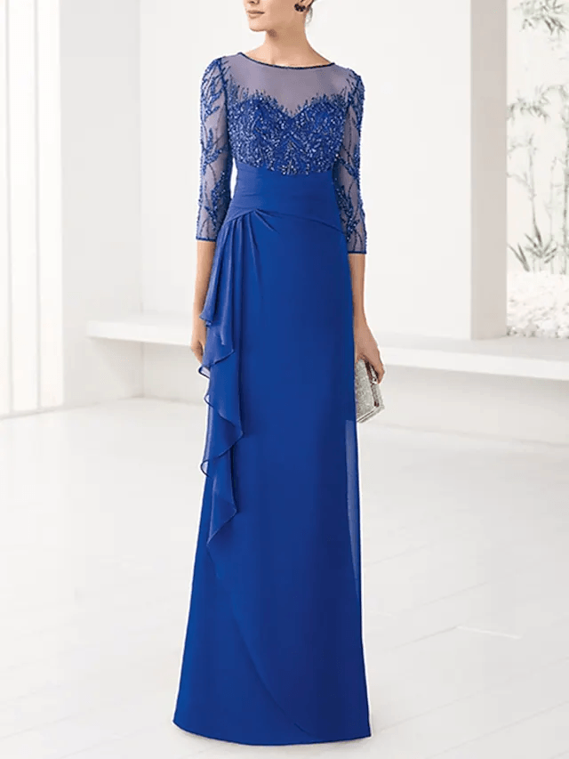 Sheath / Column Mother of the Bride Dress Elegant Jewel Neck Floor Length Chiffon Lace Tulle 3/4 Length Sleeve with Beading Appliques - RongMoon