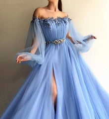 Blue Muslim Evening Dresses A-line Long Sleeves Tulle Lace Pearls Slit Islamic Dubai Saudi Arabic Long Formal Evening Gown - RongMoon