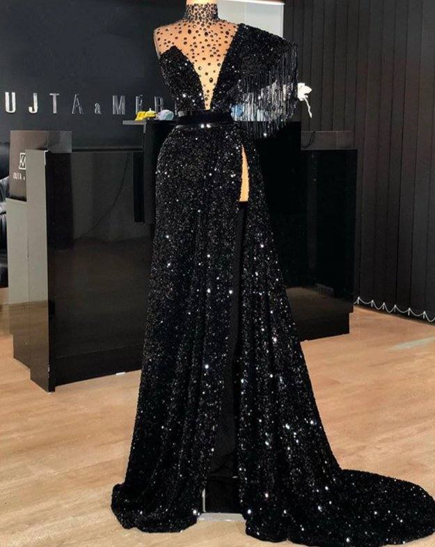 Black Robe De Soiree A-line High Collar Sequins Sparkle Beaded Slit Sexy Long Prom Dresses Prom Gown Evening Dresses - RongMoon
