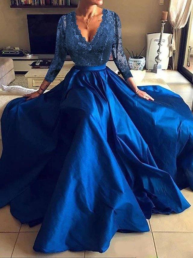 A-Line Luxurious Elegant Party Wear Formal Evening Dress V Neck Long Sleeve Floor Length Tulle with Pleats Appliques - RongMoon