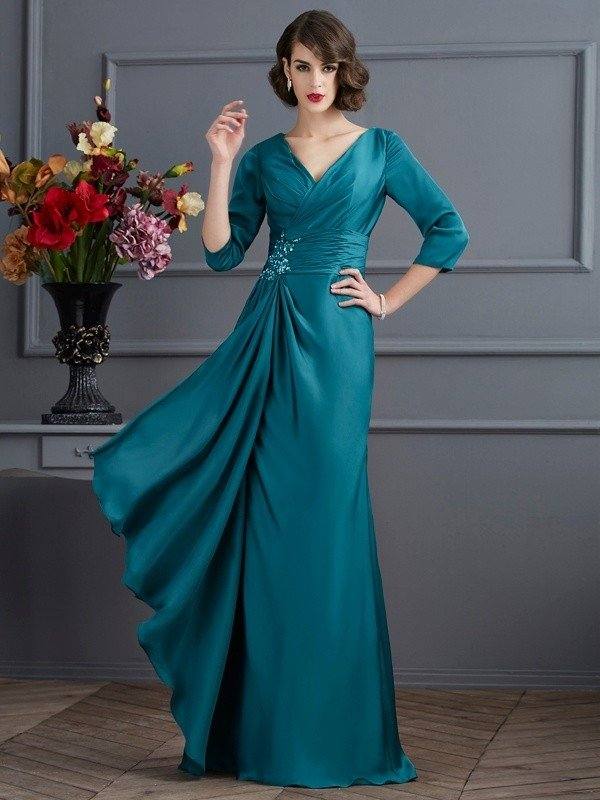 A-Line/Princess V-neck 3/4 Sleeves Beading Long Chiffon Mother of the Bride Dresses - RongMoon