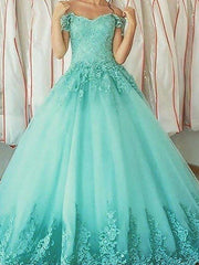 Ball Gown Sleeveless Off-the-Shoulder Applique Floor-Length Tulle Dresses - RongMoon