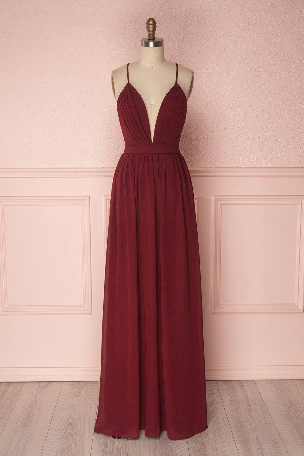 Simple burgundy chiffon long prom dress burgundy formal dress - RongMoon