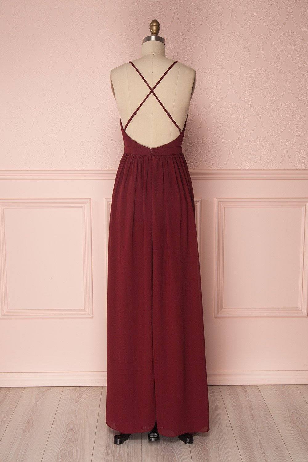 Simple burgundy chiffon long prom dress burgundy formal dress - RongMoon