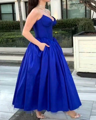 Royal Blue Strapless Corset Satin Midi Ball Gown