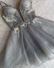 Short Lace Appliques V-neck Silver Sparkly Dress