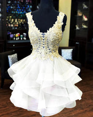 White Organza Ruffles Dress With Gold Lace