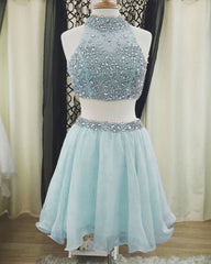 Light Blue Two Piece Homecoming Dresses Beaded Halter