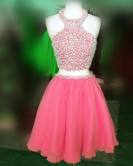 Short Candy Pink Homecoming Dresses Pearl Beaded Halter