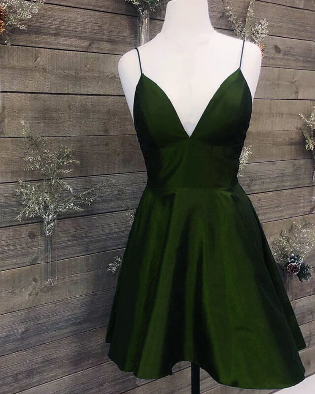 Short Silve Green Satin V-neck Dress