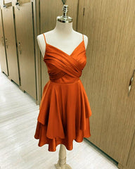 Short Burnt Orange Satin Homecoming Dresses V-neck - RongMoon