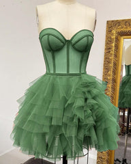 Short Sage Green Tulle Corset Homecoming Dresses