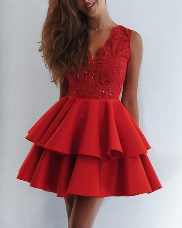 Short Red Lace V Neck Ruffles Satin Cocktail Dress