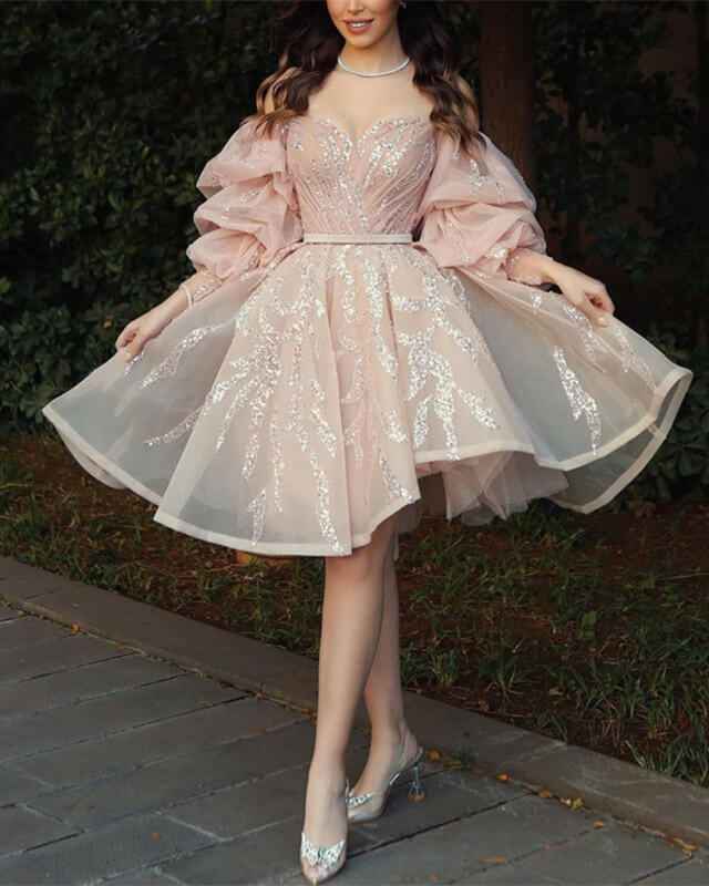 Short Puffy Sleeves Beaded Tulle Homecoming Dresses