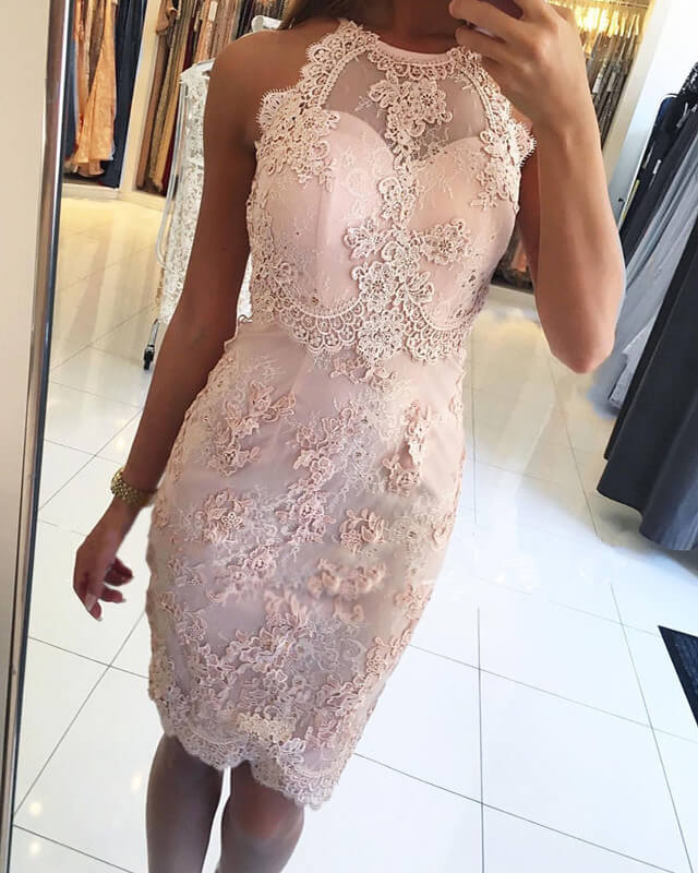 Short Pink Tight Lace Halter Homecoming Dresses