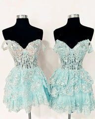 Short A-line Off Shoulder Tiered Lace Dress