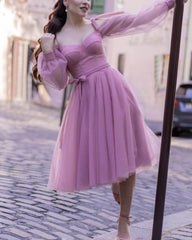 Mauve Tulle Long Sleeve Homecoming Dresses