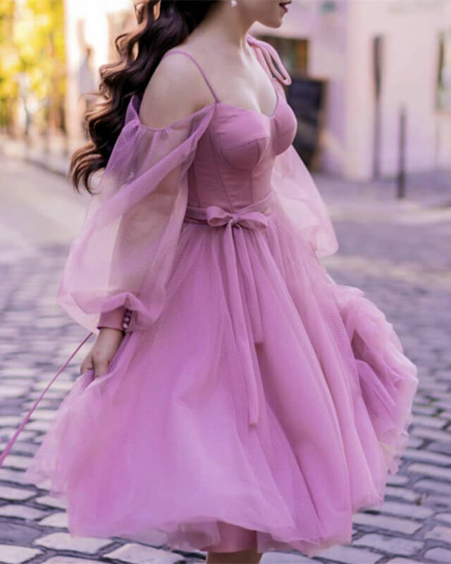 Mauve Tulle Long Sleeve Homecoming Dresses