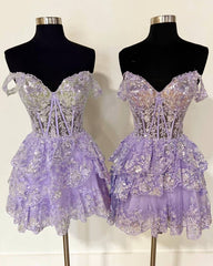 Short A-line Off Shoulder Tiered Lace Dress