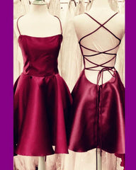 Burgundy Satin Lace-up Skater Dress With Pockets - RongMoon
