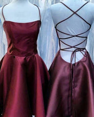 Burgundy Satin Lace-up Skater Dress With Pockets - RongMoon