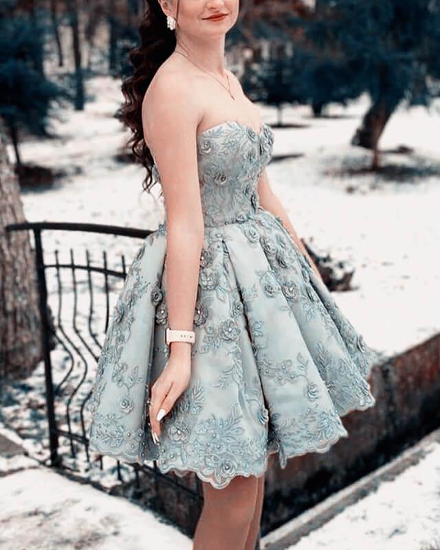 Silver Strapless Lace Homecoming Dress - RongMoon
