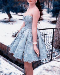 Silver Strapless Lace Homecoming Dress - RongMoon