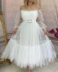 White Tiered Tulle Off The Shoulder Long Sleeve Midi Dress - RongMoon