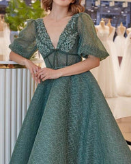 Puffy Sleeves Lace V Neck Cottagecore Midi Dress - RongMoon