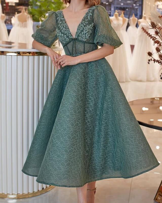 Puffy Sleeves Lace V Neck Cottagecore Midi Dress - RongMoon