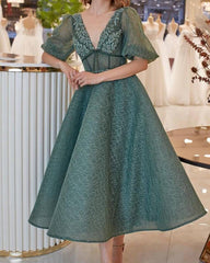 Puffy Sleeves Lace V Neck Cottagecore Midi Dress - RongMoon